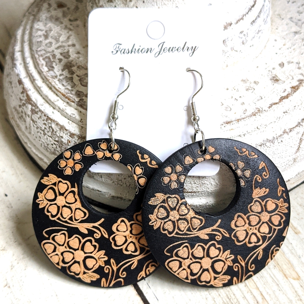 Boho Festival Carved Wood Round Dangle Earrings